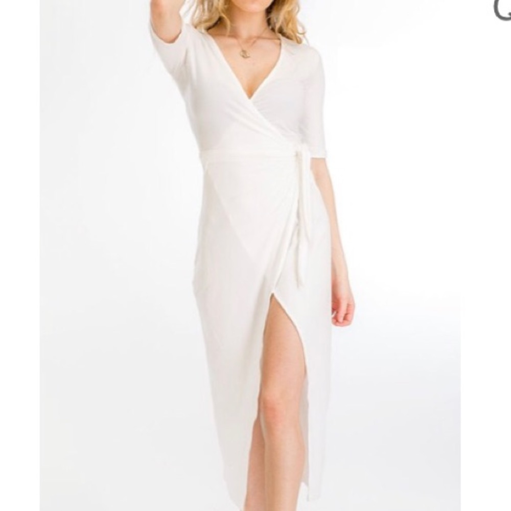 Stretch Midi White Wrap Tie Dress Long Sleeve